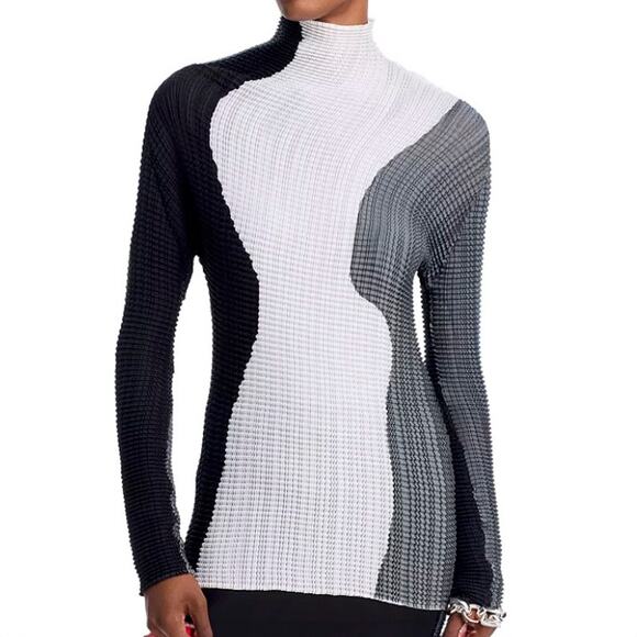 Issey Miyake Mainline Pleated Long Sleeve High Neck Top 2 Blue Pink IM58FJ187 - Picture 12 of 13